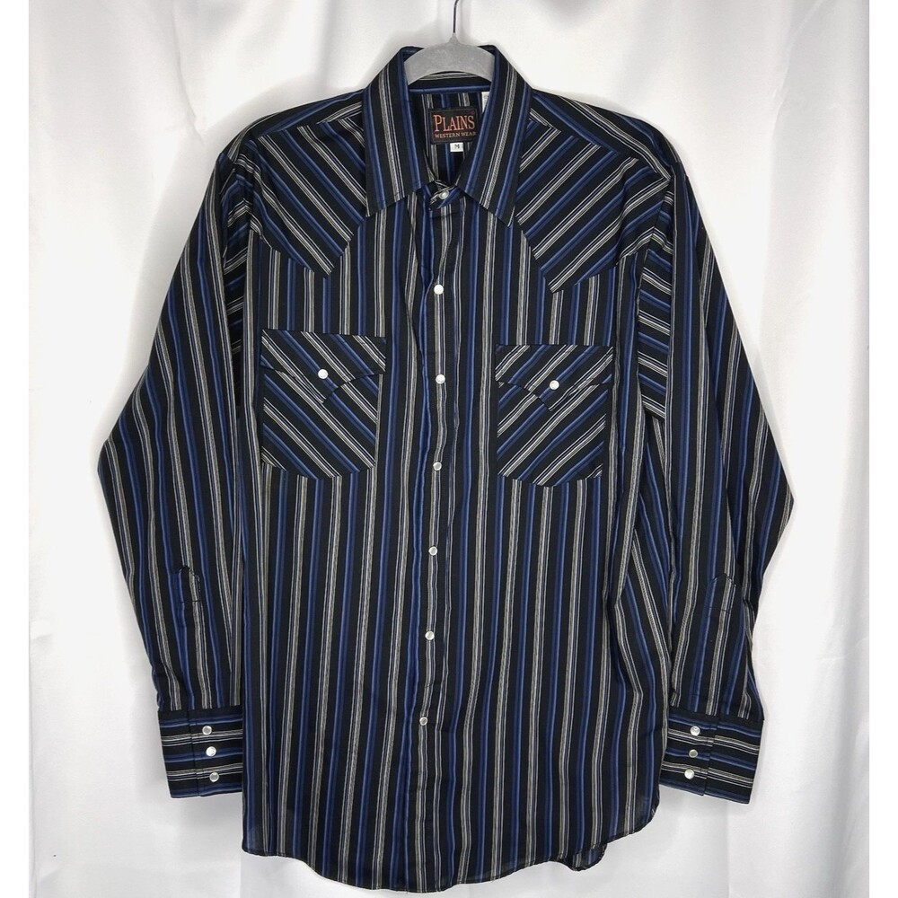 Plains Western Wear Shirt Men Stripe Pearl Snap Button Up Medium Black Gray Blue